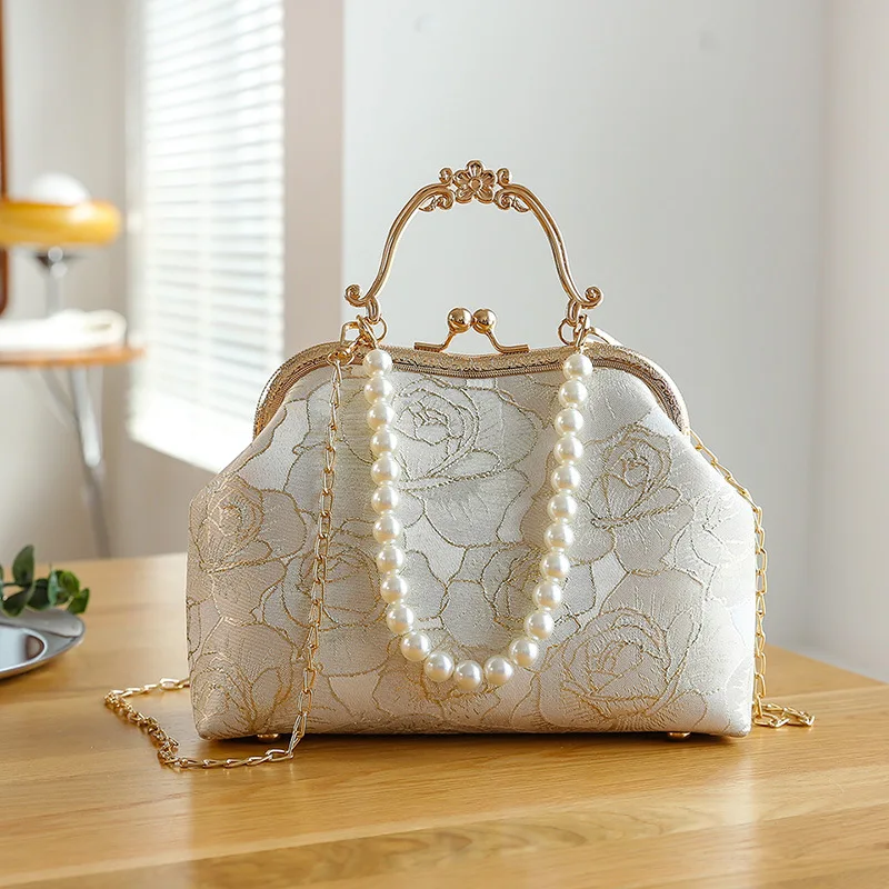 

Elegant Evening Women Bag Vintage Pearl Ladies Handbag Shell Lock Shoulder Crossbody Bag Beads Flower Purses for Wedding Party
