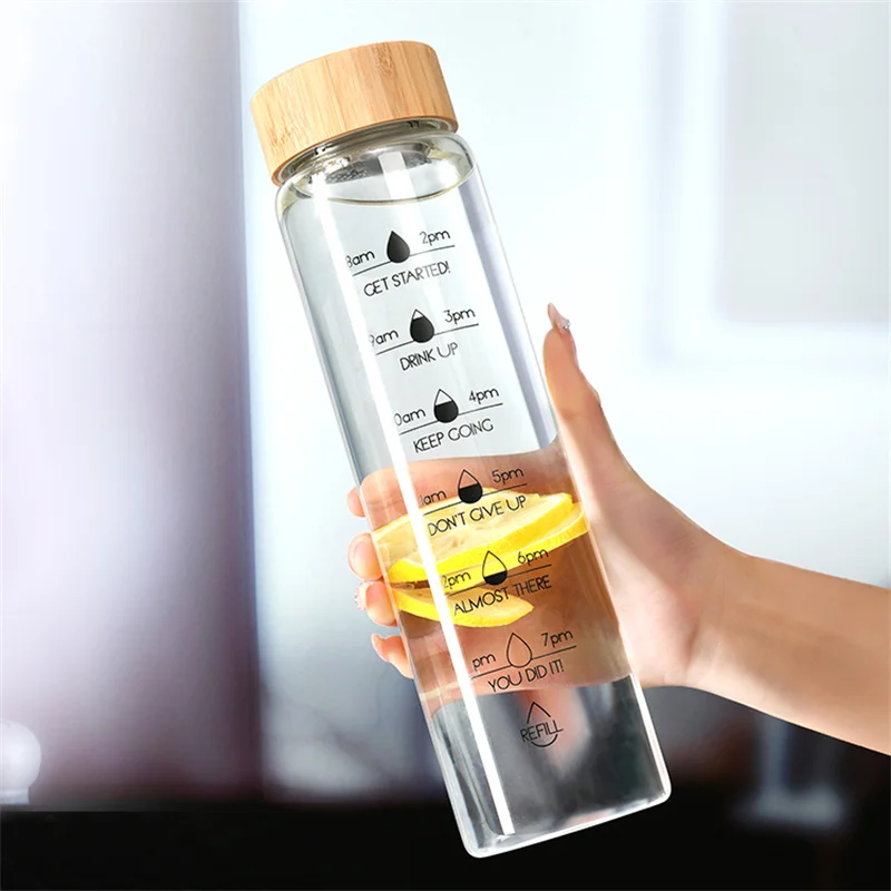 700/1000ml Motivational Time Marker Glass Water Bottle with Bamboo Lid Borosilicate Glass Lemon Tea Cup With Filter