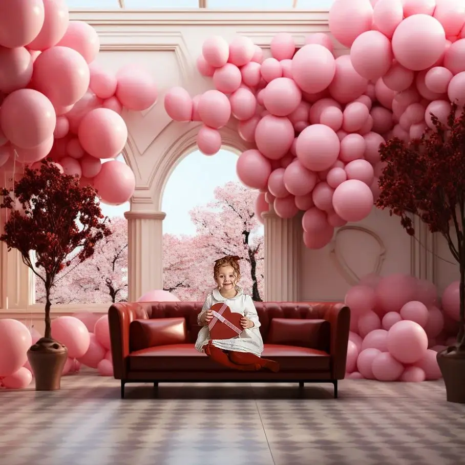 Valentine's Day Backdrop Balloon Decorations Romantic Light Crimson Pink Kid's Birthday Portrait Background Photo Studio