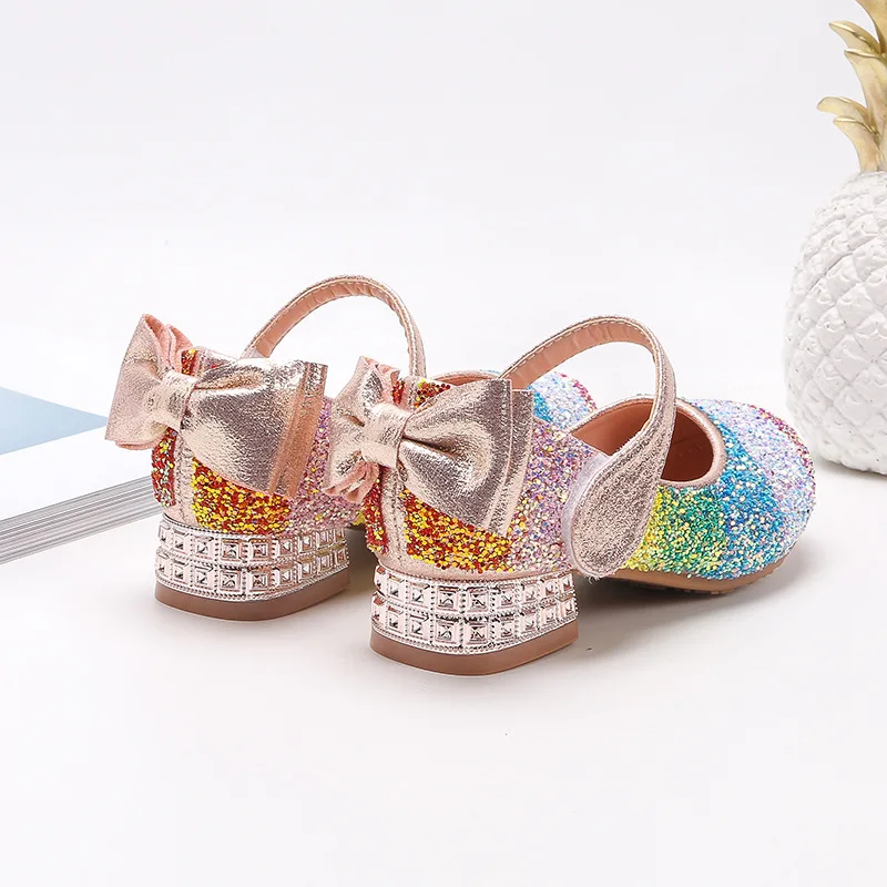 Zapatos Kid Shoe Girl Rainbow Princess Shoe Kids Crystal Mary Jane Shoes Bow Tie Flat Leather Shoes Elegant Sequin High Heels