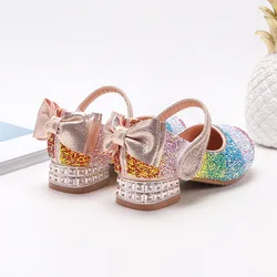 Zapatos Kid Shoe Girl Rainbow Princess Shoe Kids Crystal Mary Jane Shoes papillon scarpe piatte in pelle eleganti tacchi alti con paillettes