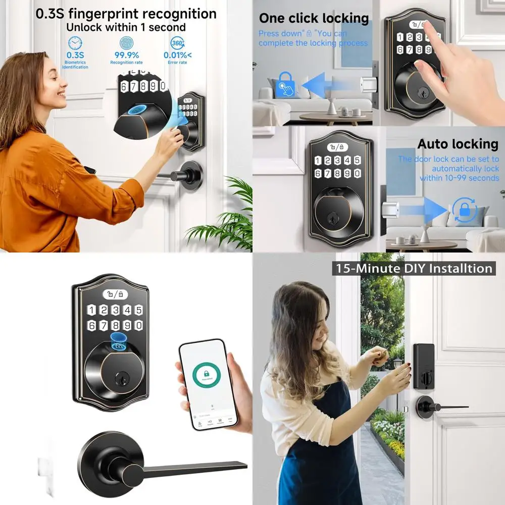 

Умный замок с функцией распознавания отпечатков пальцев, клавиатурой и ручками-рычагами - управление через приложение, автоматическая блокировка, простая установка