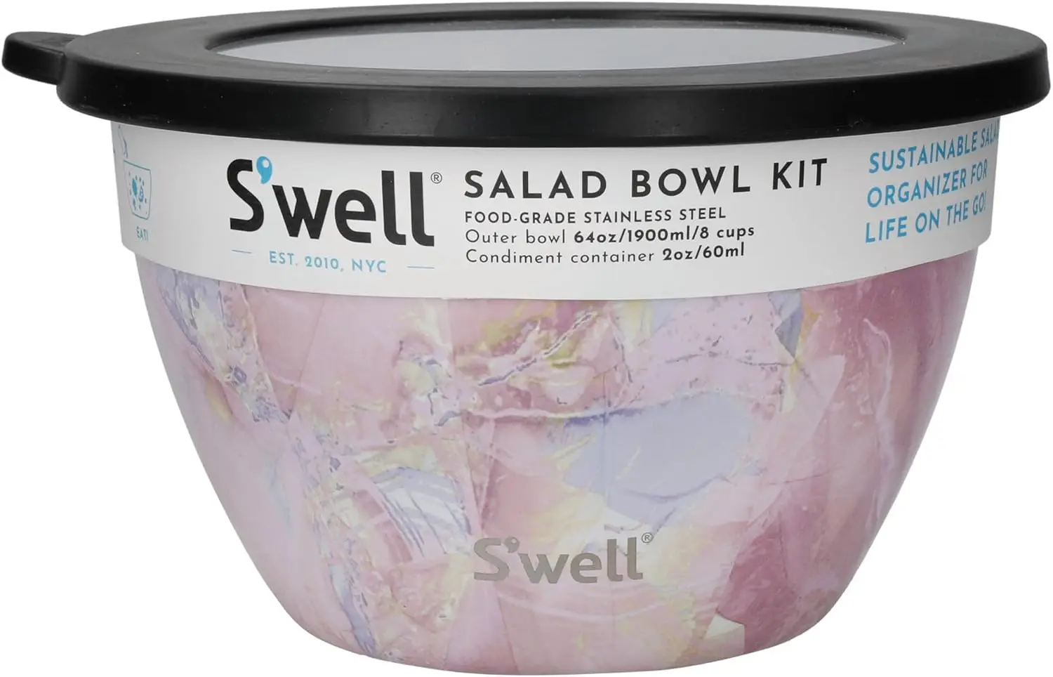 

Salad Bowl Kit, Geode Rose 1.9L - Leak-Proof Lunch Box with Condiment Container and Removable Tray, Dishwasher Safe Stainless