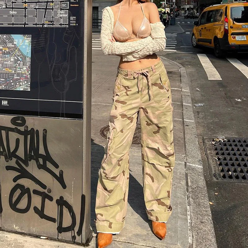 Pantalon Cargo Évasé pour Femme, Taille Haute, Imprimé Ajusté, Poches Plaquées, Streetwear, FjCamSolomon