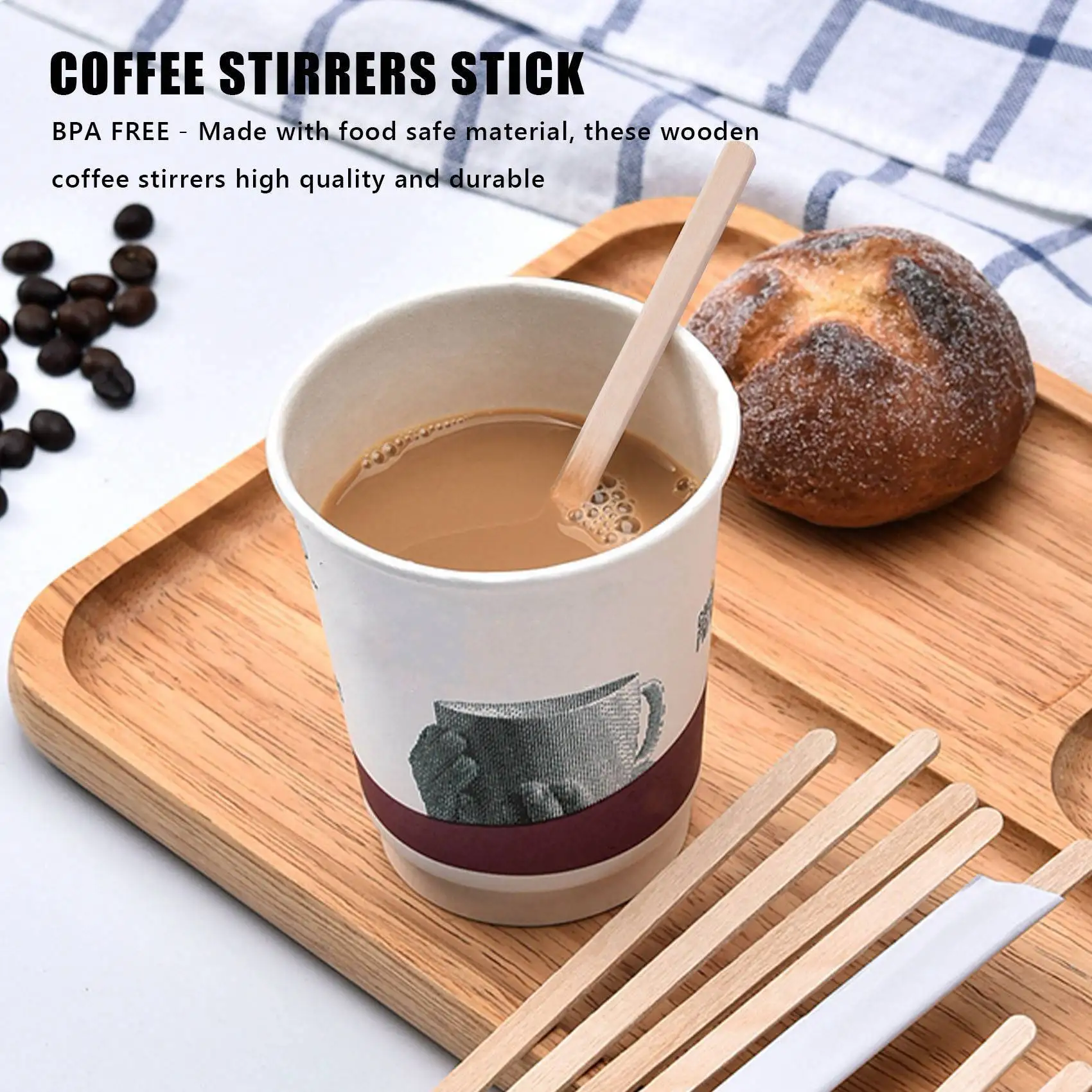 แท่งคนกาแฟขนาด5.5นิ้ว100ชิ้น-ไม้ธรรมชาติเป็นมิตรต่อสิ่งแวดล้อมเครื่องดื่มกาแฟ Milktea แบบใช้แล้วทิ้ง