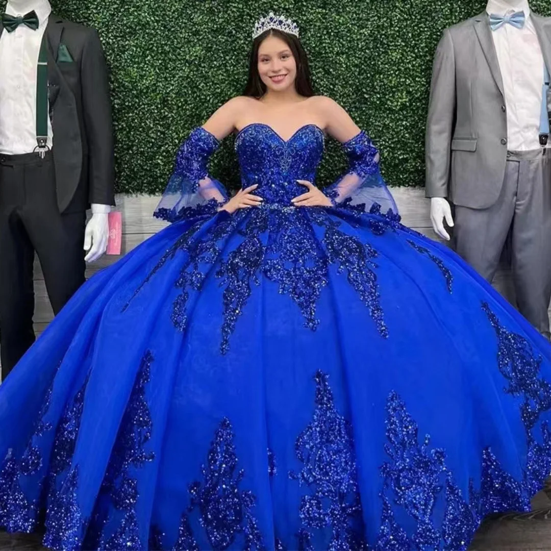 LUCYSHIHATTU بريق الترتر الدانتيل منقوشة الكرة ثوب Quinceanera فساتين لحضور الحفلات الموسيقية انفصال جولييت كم طويل