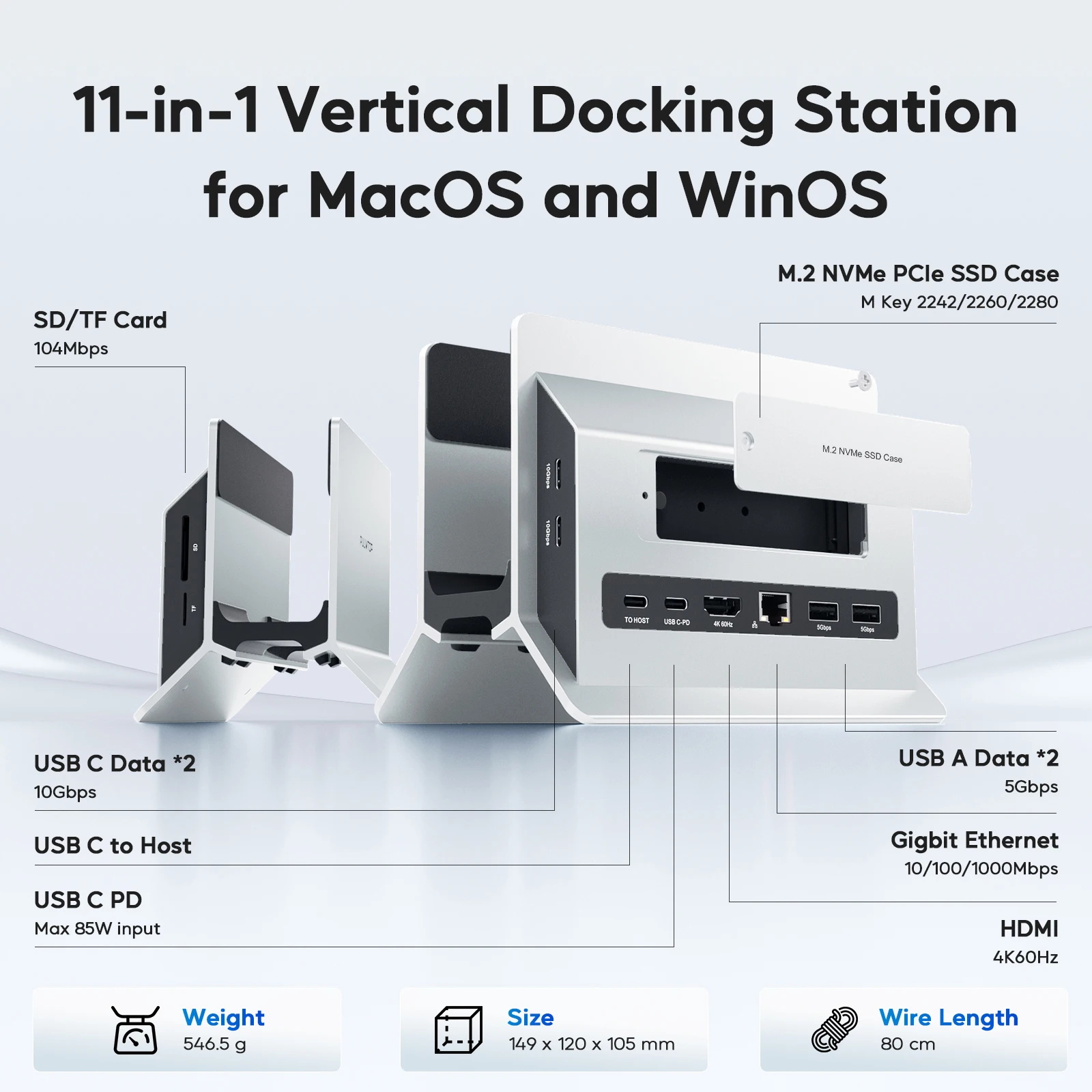 Imagem -02 - Estação de Ancoragem Vertical Usb-c para Macbook Pro Air Suporte M.2 Ssd Expansão 4k 60hz Hdmi Usb c 10 s para Macbook Laptops