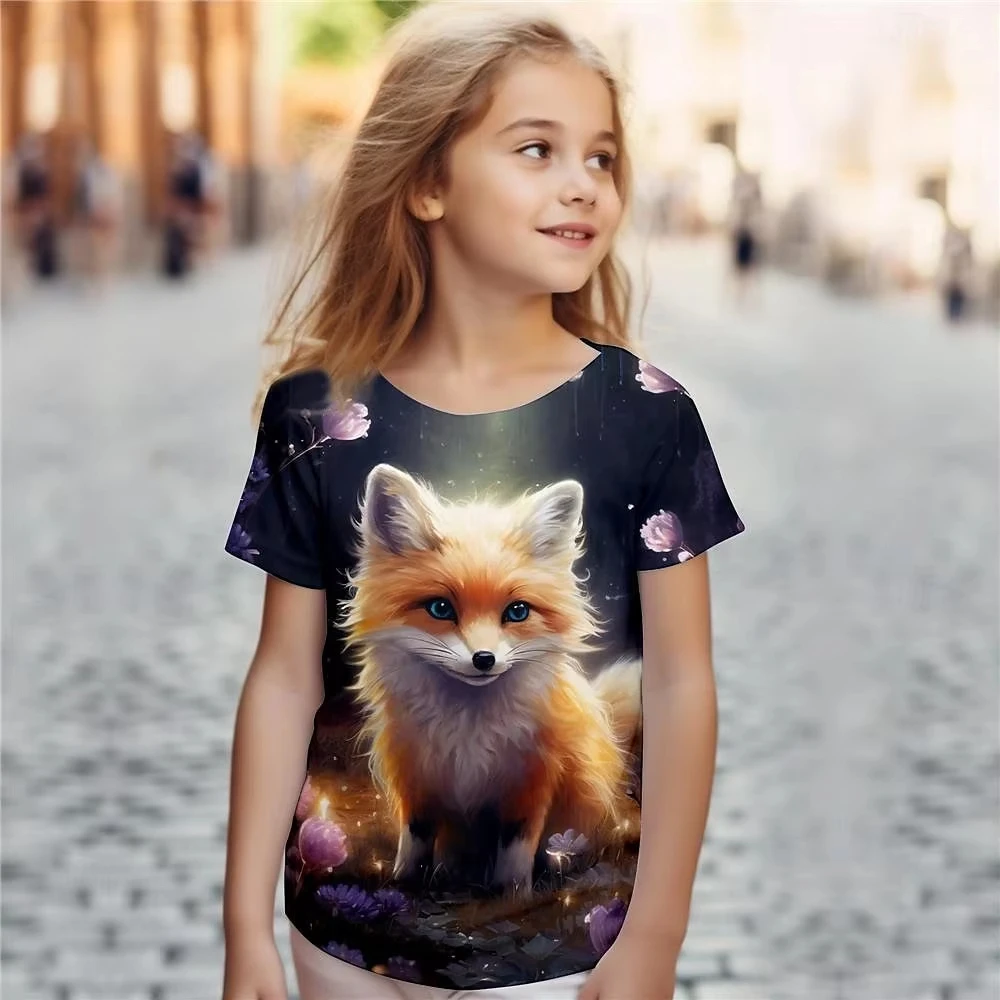 

Female Child Clothes Print Animal Fox Cartoon Crew Neck Short Sleeves Graphic T Shirts Summer Fashions Outdoor T-Shirt for Girls