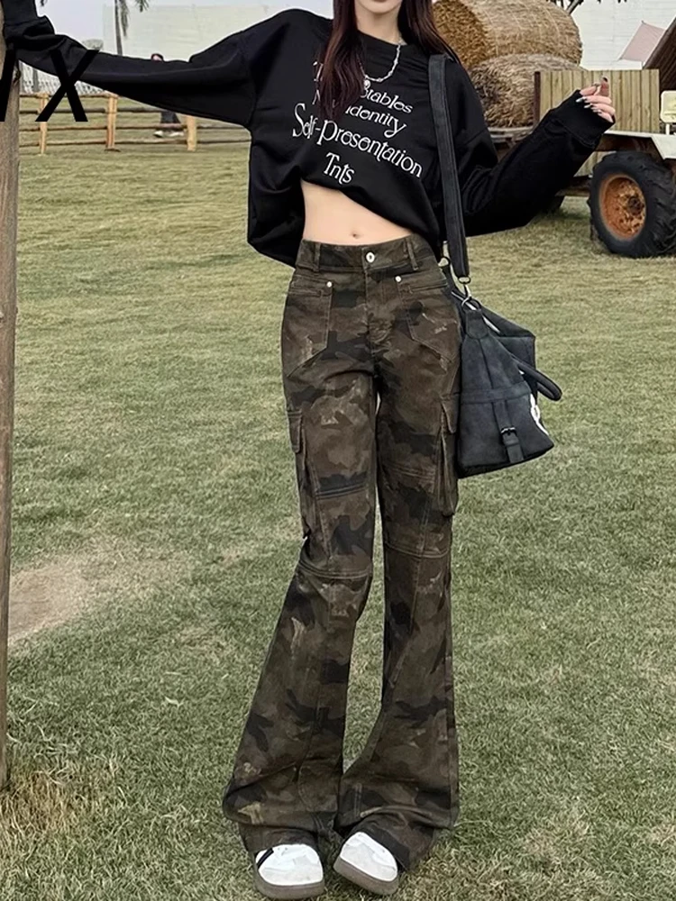 Retro American Camouflage Jeans Men's Women's Multiple kets Design Workwear Slim Straight Leggings Faionable Trousers