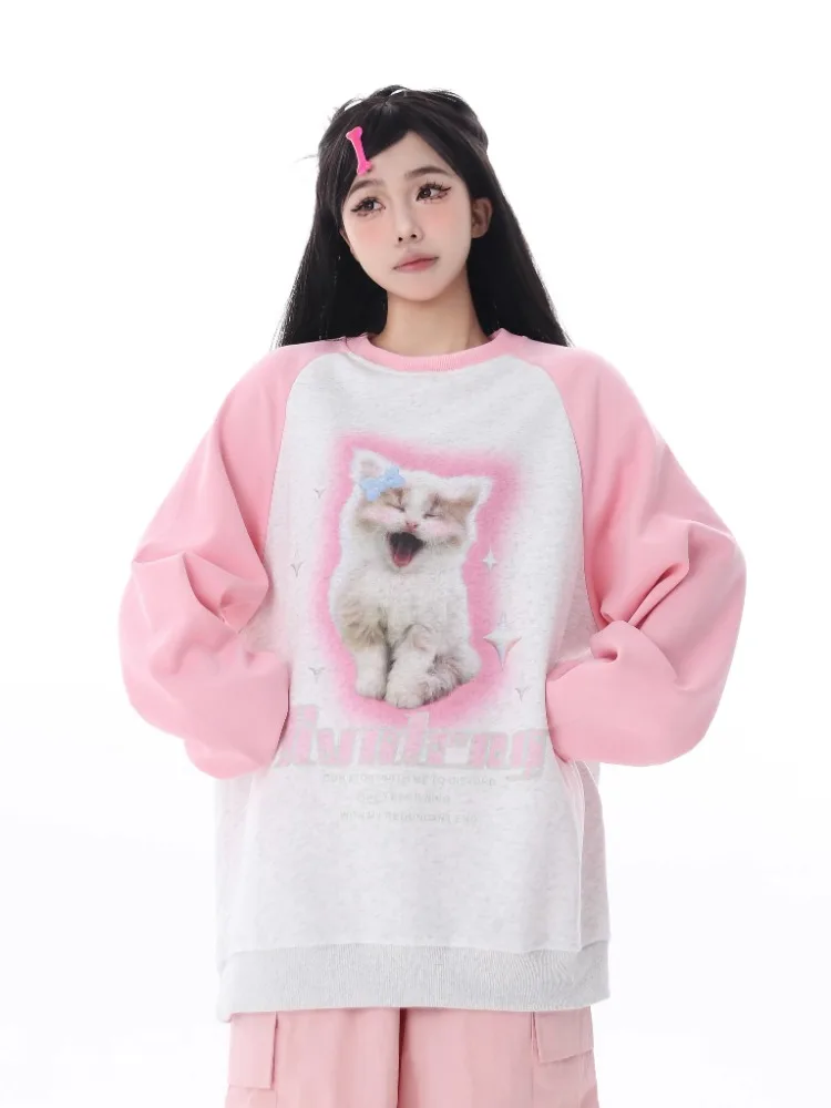 ADAgirl Kawaii Cat Print Sweatshirt Kitty Graphic Long Sleeve Tops Anime Oversized Hoodie Cutecore Autumn Winter Clothes Women