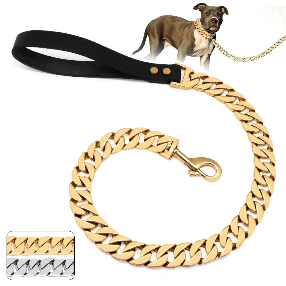 Stainless Steel Dog Leash Pet  Lead Traction  Super Strong Gold Collar Chain 32mm 19mm Bulldog Pitbull Large Dog Collar Leash