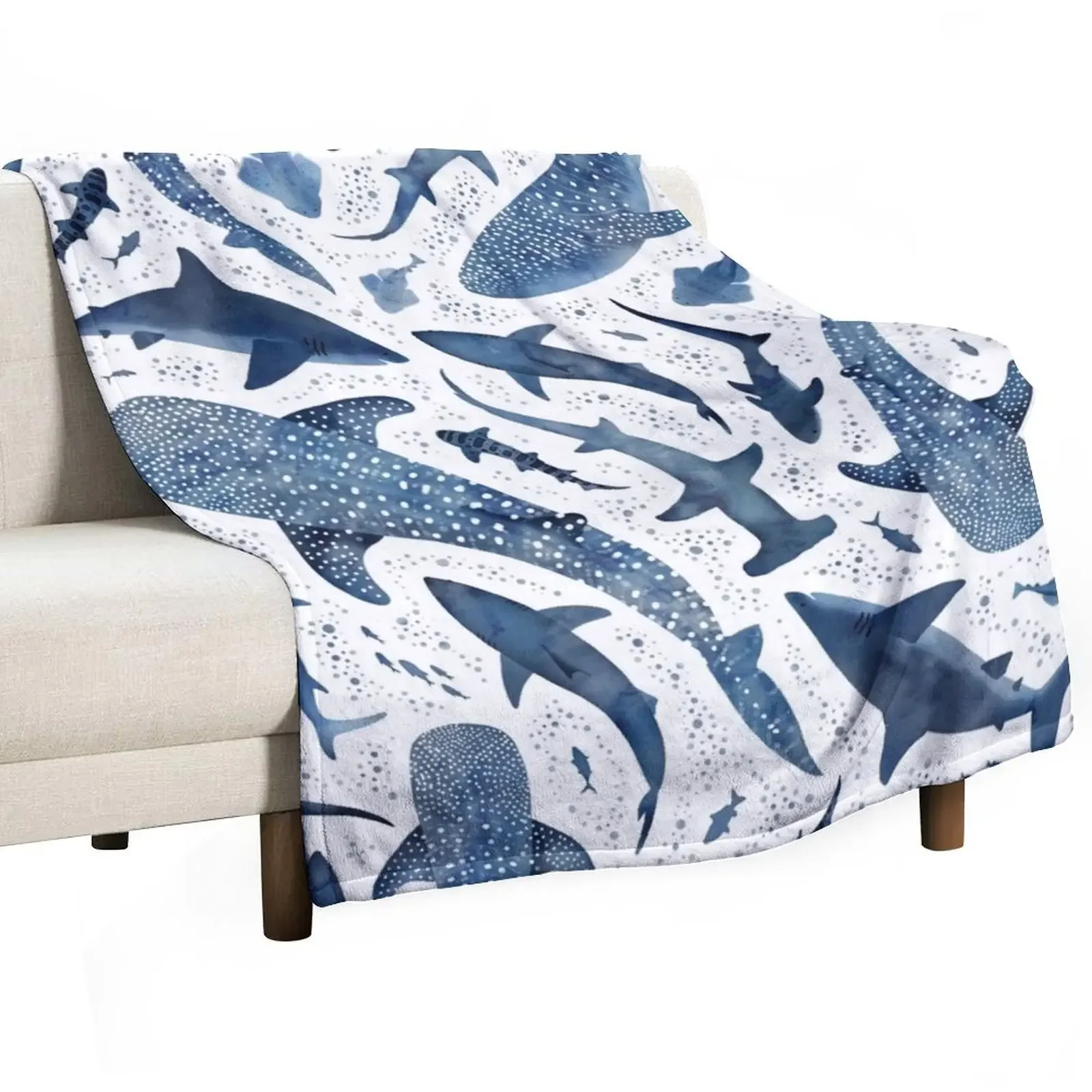 Monochrome blue watercolour shark ocean on white Throw Blanket warm for winter christmas decoration Thermal Hairys Blankets