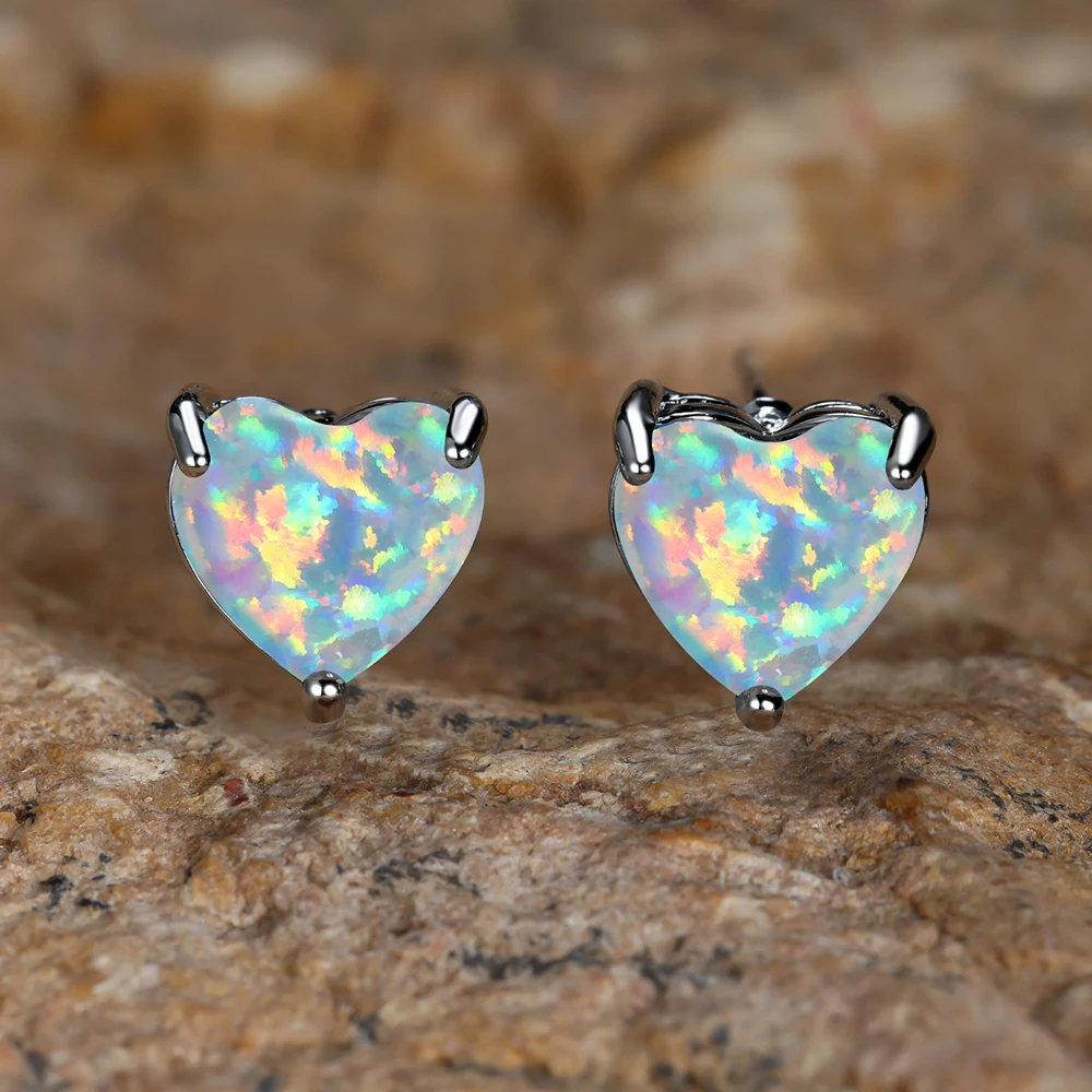 قوس قزح الأزرق الأبيض النار أوبال أقراط للنساء فضية اللون الزفاف القلب قرط الاذن المرصع الزفاف المشاركة حفلة عيد ميلاد مجوهرات