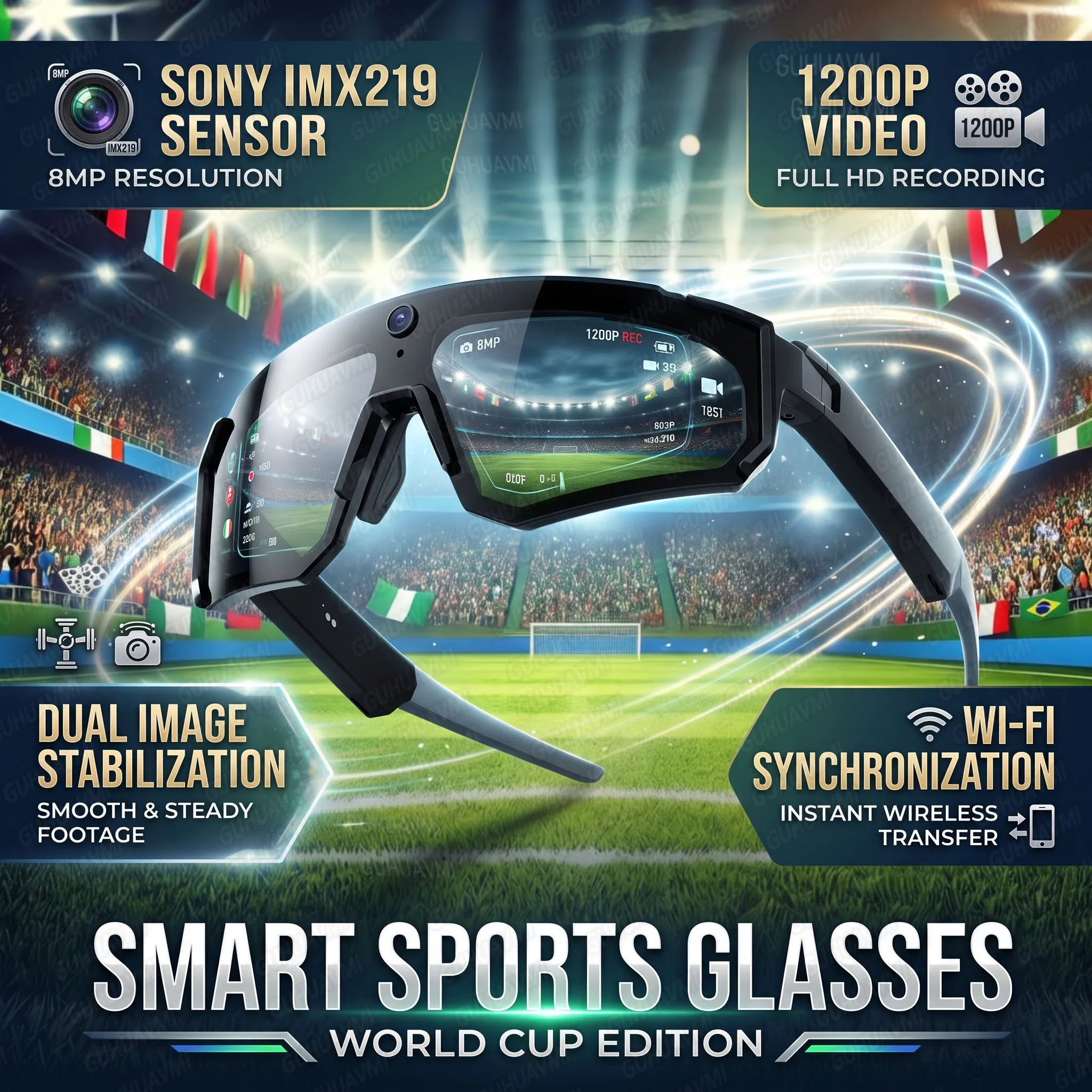 Lunettes de caméra intelligentes GUHUAVMI AI pour le cyclisme, vidéo 1200P, photo 32MP, prise de vue HD 8MP, transfert d'applications WiFi, stockage 32 Go, réveil vocal, reconnaissance d'objets par IA, traduction, double stabilisation anti-tremblement, lentille polarisée, chargement Type C, lunettes de sport, équipement de vlog en extérieur