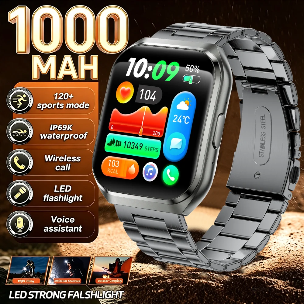 New 1000mAh Battery Smart Watch Men 10ATM Waterproof 2.01-inch AMOLED Screen HD Call Flashlight Sports Military Fitness Bracelet