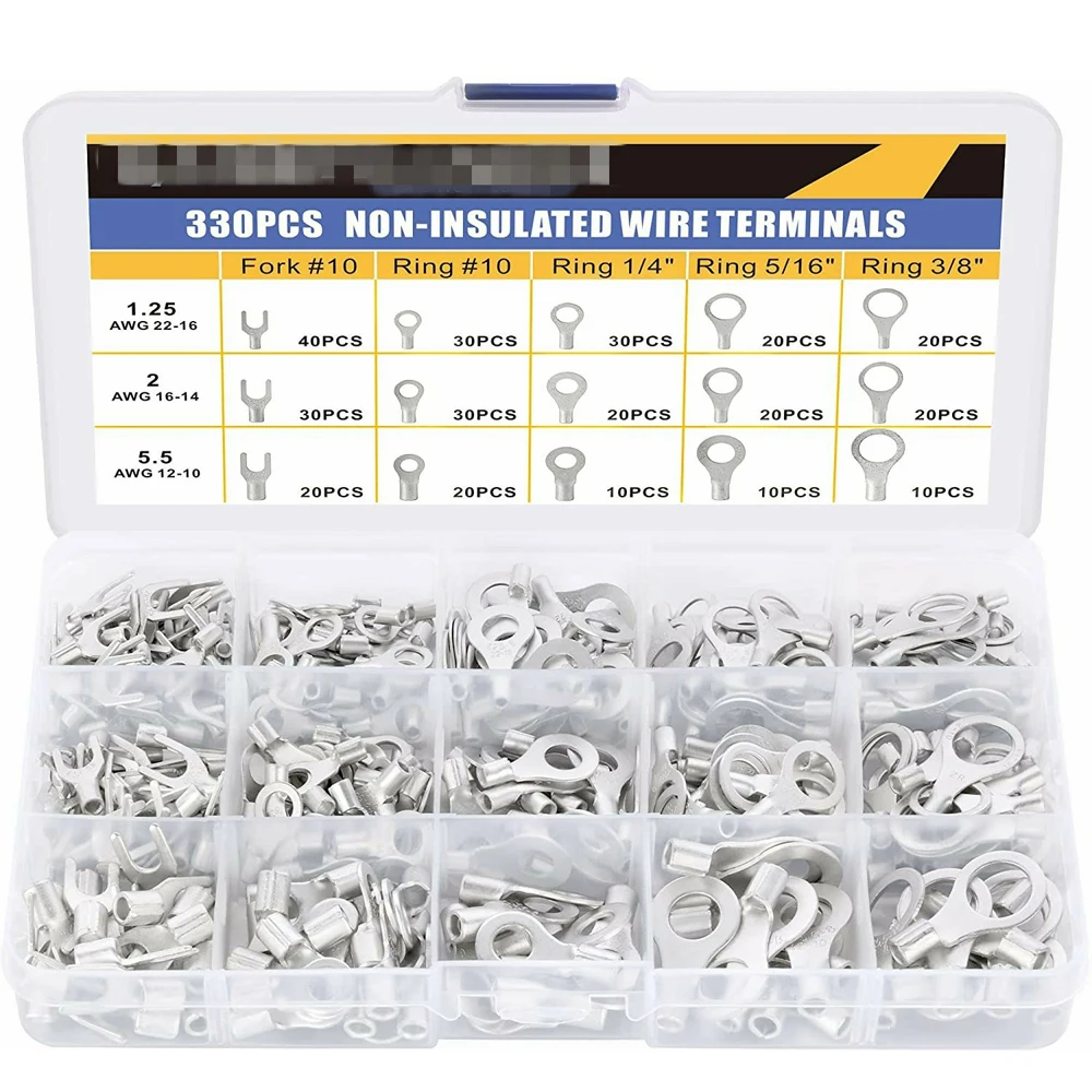 

330Pcs Non-Insulated Ring Fork U-type Brass Terminals Assortment Kit Cable Wire Connector Crimp Terminals