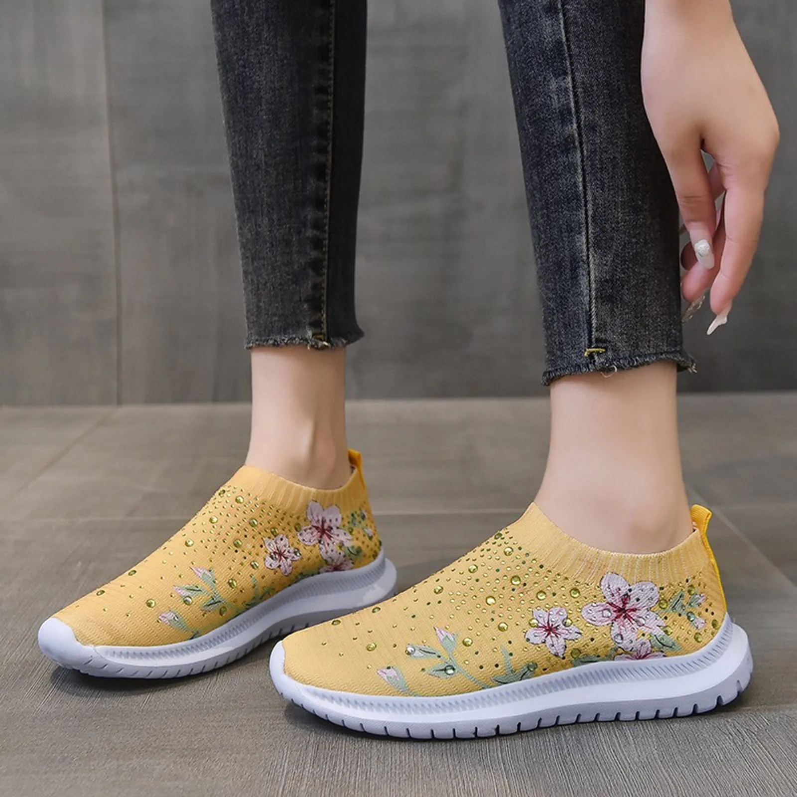 Women Shoes Ladies Rhinestone Flower Print Mesh Sports Socks Shoes Breathable  Mesh Outdoor Gym Running Shoes Tennis Sneakers
