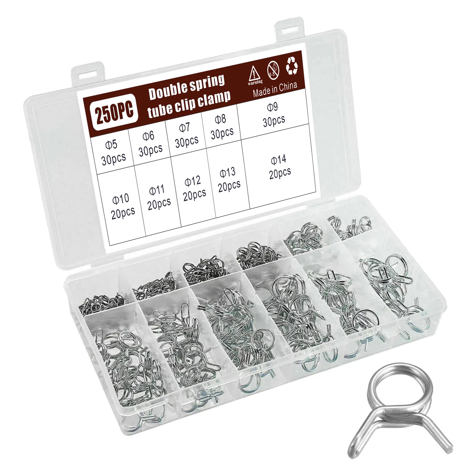 250Pieces 5/6/7/8/9/10/11/12/13/14mm  Water Pipe Air Tubing Fuel Line Hose Tube Spring Clips Clamp Kits Double-line Spring Clamp