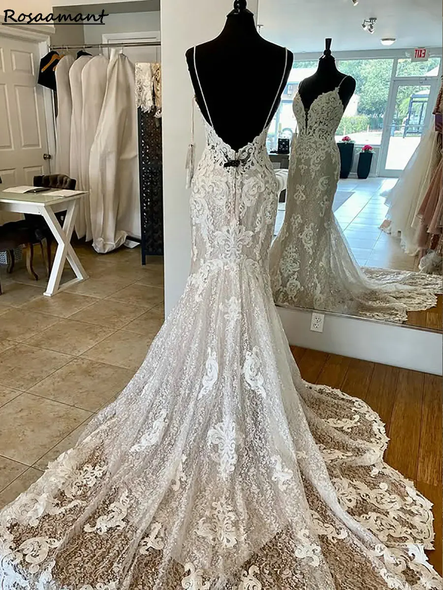 Abiti da sposa a sirena aperti sul retro senza maniche in cristallo glitterato Spalline con applicazioni Abiti da sposa country in pizzo