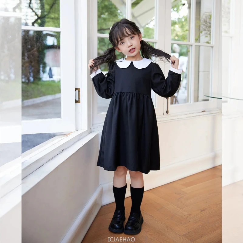 

Детские платья для юниоров, школьная форма для девочек, учеников начальной школы, детский черный халат с длинными рукавами, чулки, осеннее платье