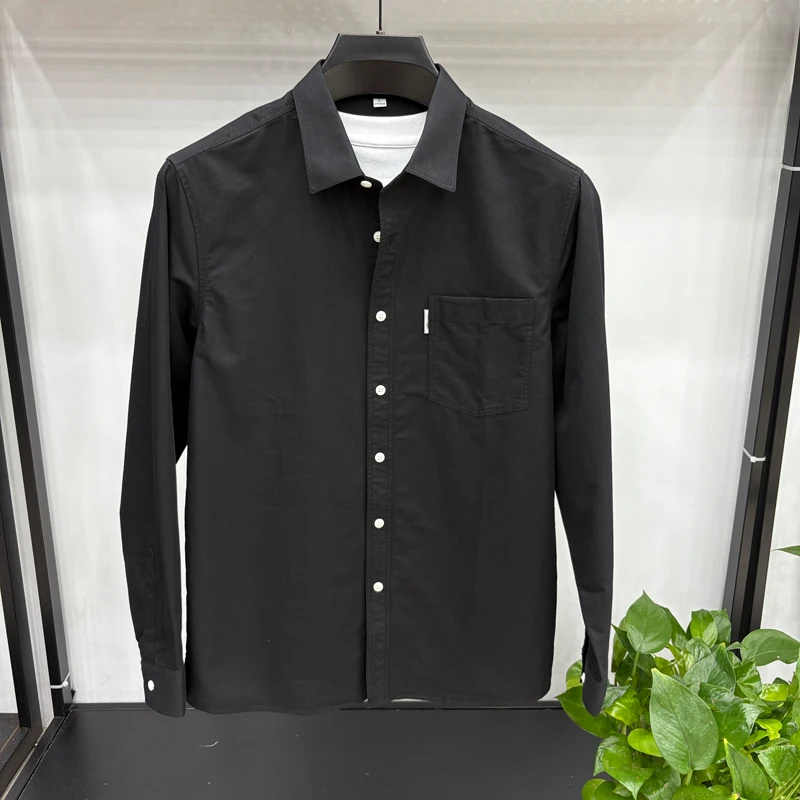 Camisa de lyocell de alta calidad de otoño para hombre, solapa de color sólido, nueva ropa de abrigo de manga larga con bolsillos, tops de moda de ocio para hombre