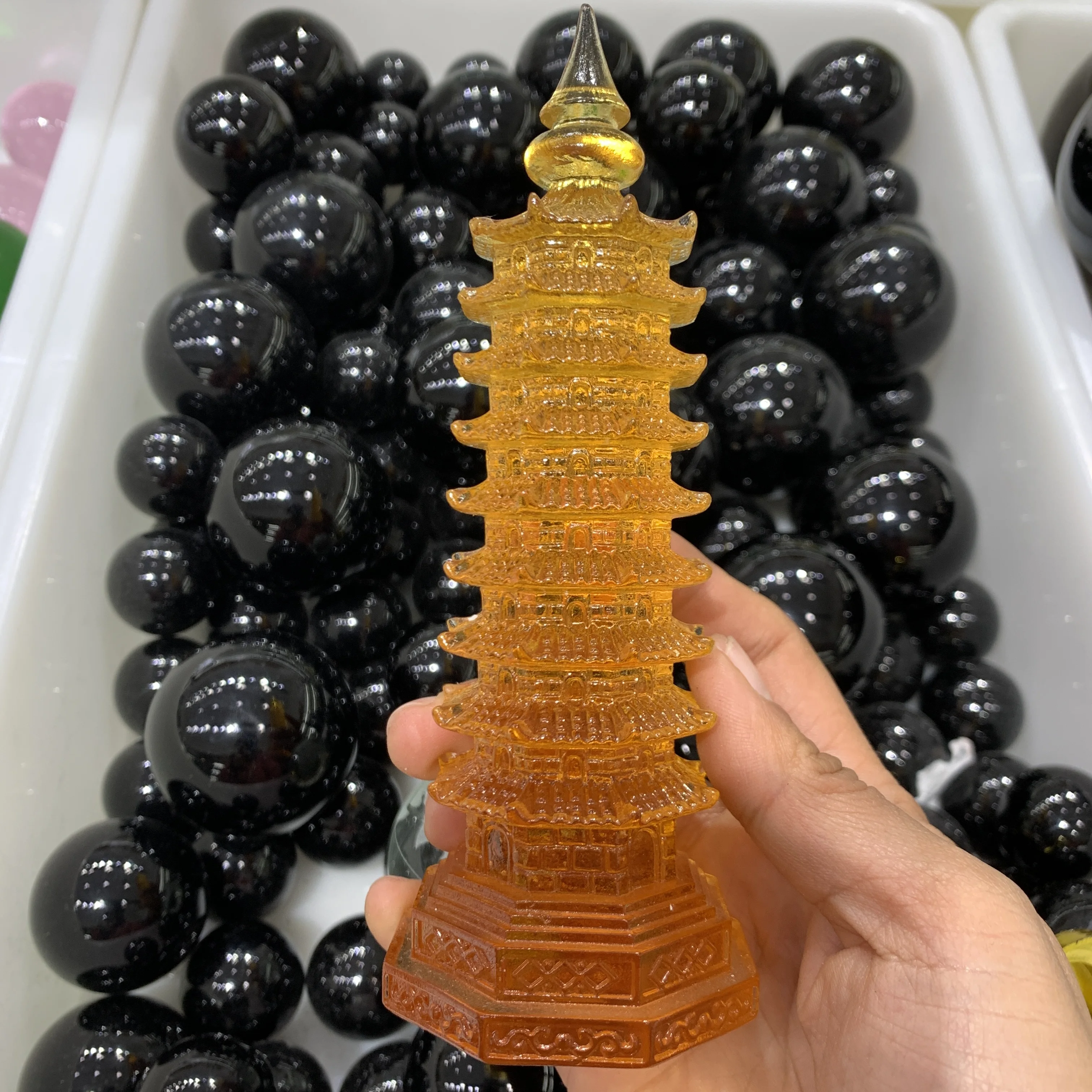 15cm Yellow glaze pagoda point carved glass crystal wenchang tower energy chakra crystal healing