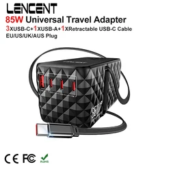 LENCENT 85W GaN Universal Travel Adapter with 1USB-A +3 Type C +1USB-C +1Retractable USB-CFast Charging Power Adapter for Travel