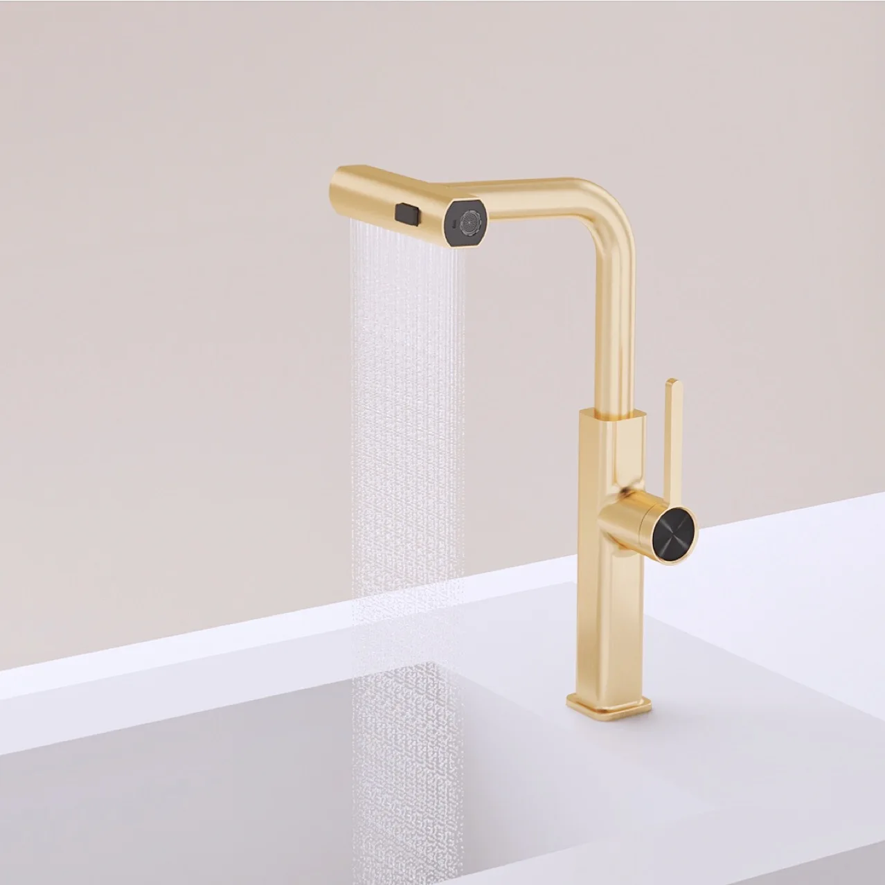 

Gold Pull Cold and Hot Kitchen Sink Faucet with Three Functions Can Be Equipped with A Flower Shower Head Waterfall Shower Head