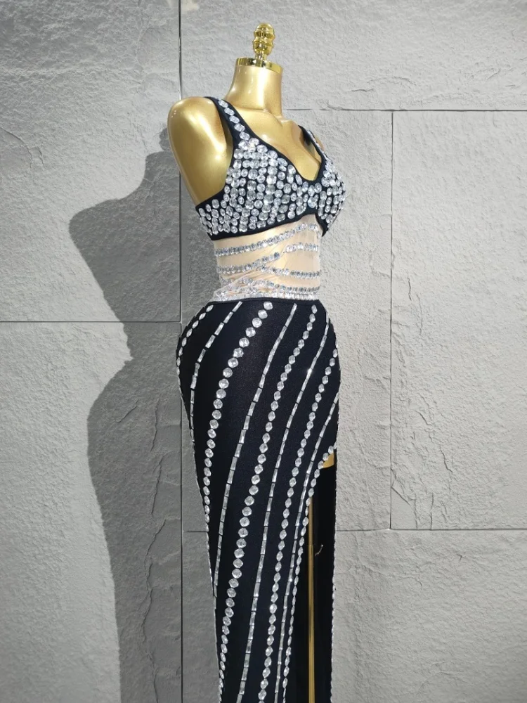 فستان طويل مغرية بأحجار الراين اللامعة الشبكية المقسمة للاحتفال بالسهرات وحفلات أعياد الميلاد وملابس التقاط الصور زي الأداء #2