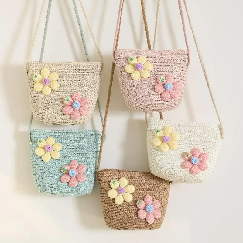 Fashion Handmade Woven Girl Flower Straw Bag Zipper Kid Messenger Bags Coin Purse Crossbody Handbag Summer Beach Photo Props