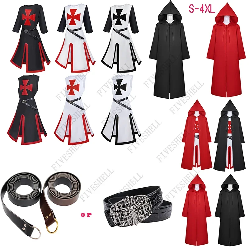 Plus Size M-4XL Men Medieval Cosplay Robes Costume Halloween Templar Knight Crusader Surcoat Long Short Sleeve Mens Tops 2023