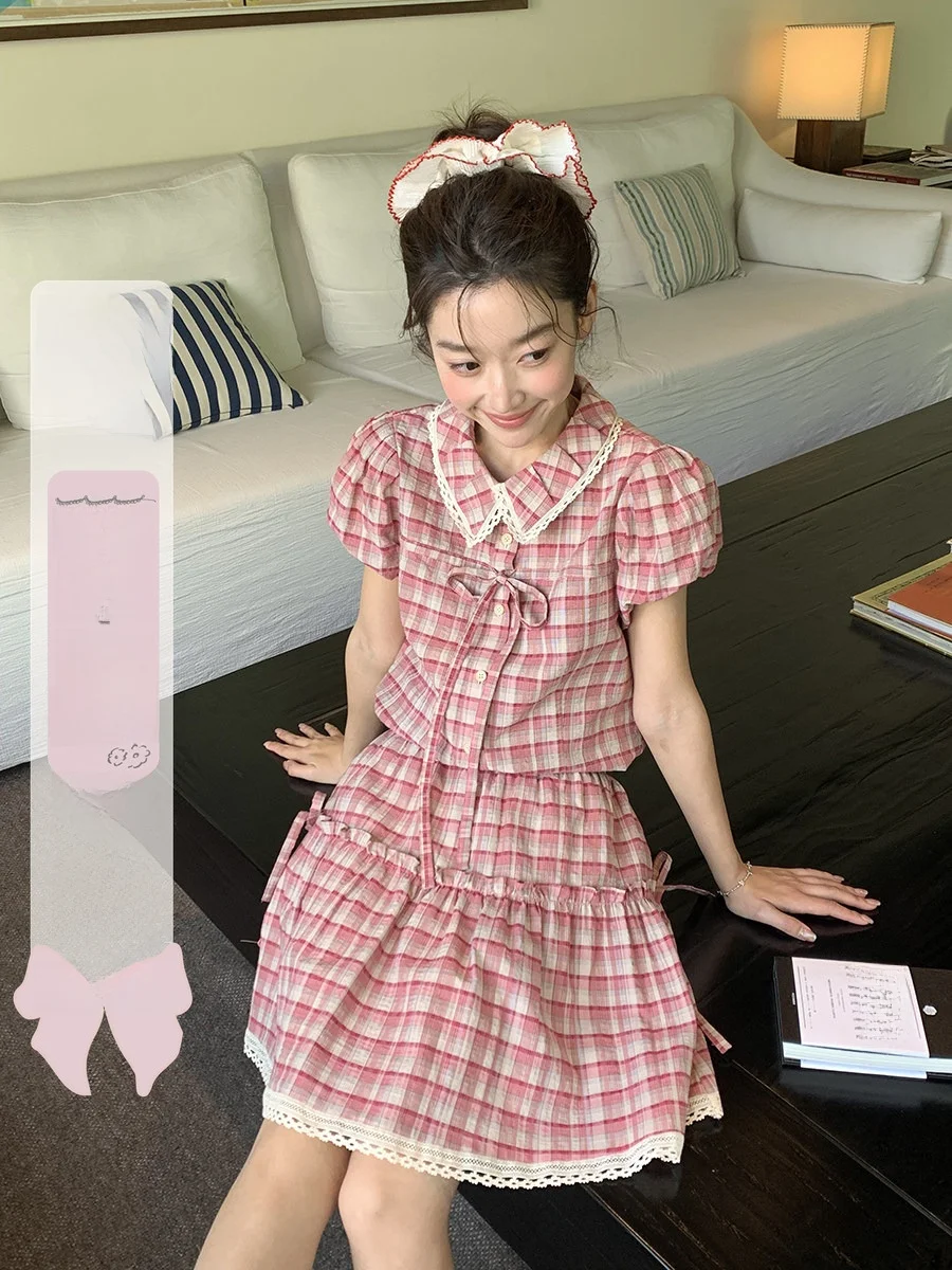 

Шикарный комплект из клетчатой рубашки и юбки с бантом на талии, летний милый и красивый костюм-ципао с коротким рукавом и отложным воротником