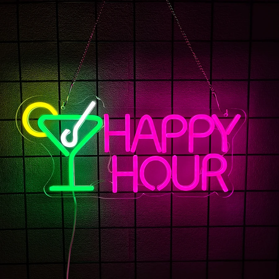 Happy Hour Led Neon Sign, Cocktail Glass Business Icon, Used For Bars, Clubs, Restaurants, Shop Windows, Holiday Party Decor.