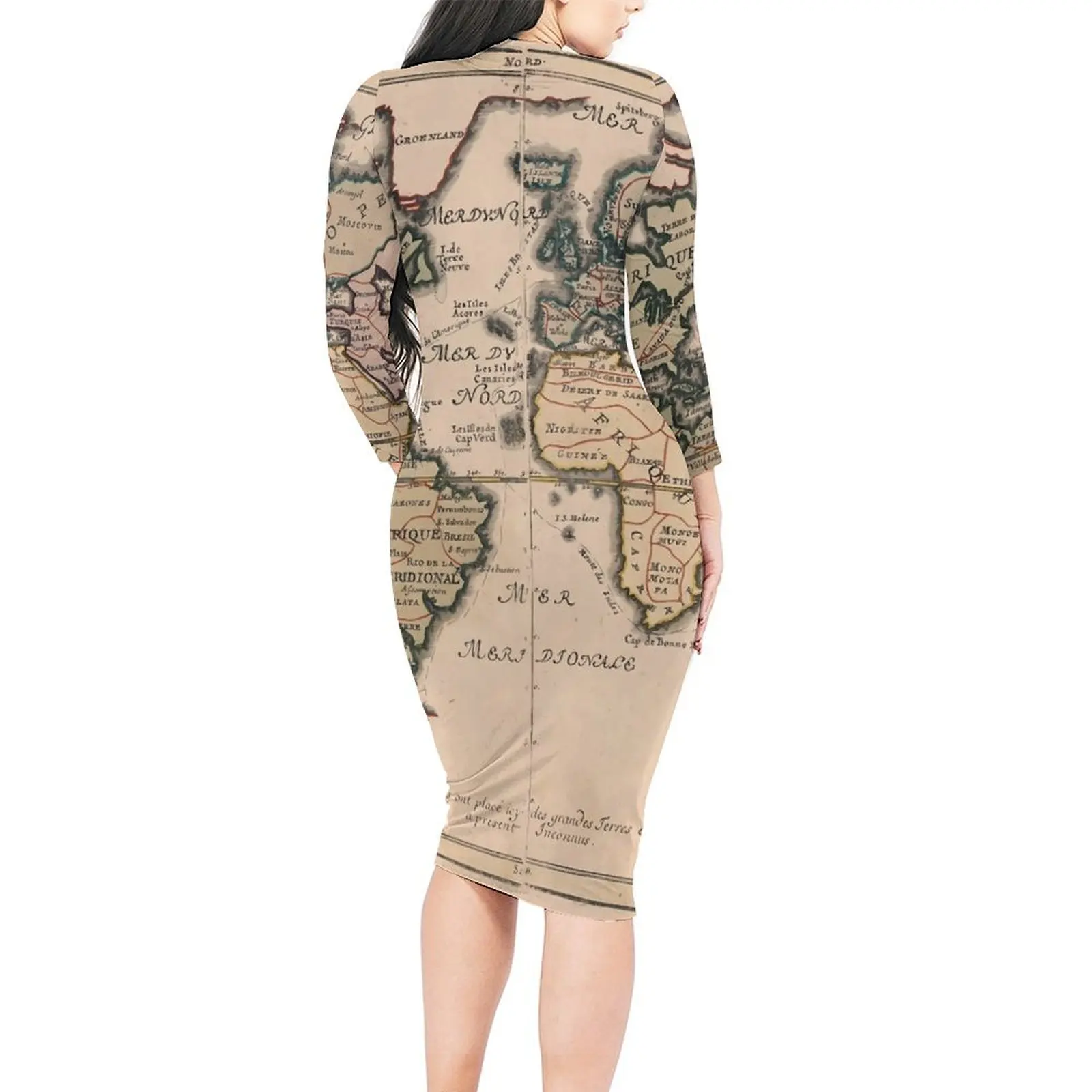 Old World Map 1714 Bodycon Dress Spring Country Map Kawaii Dresses Female Long Sleeve Graphic Fashion Dress Big Size 4XL 5XL