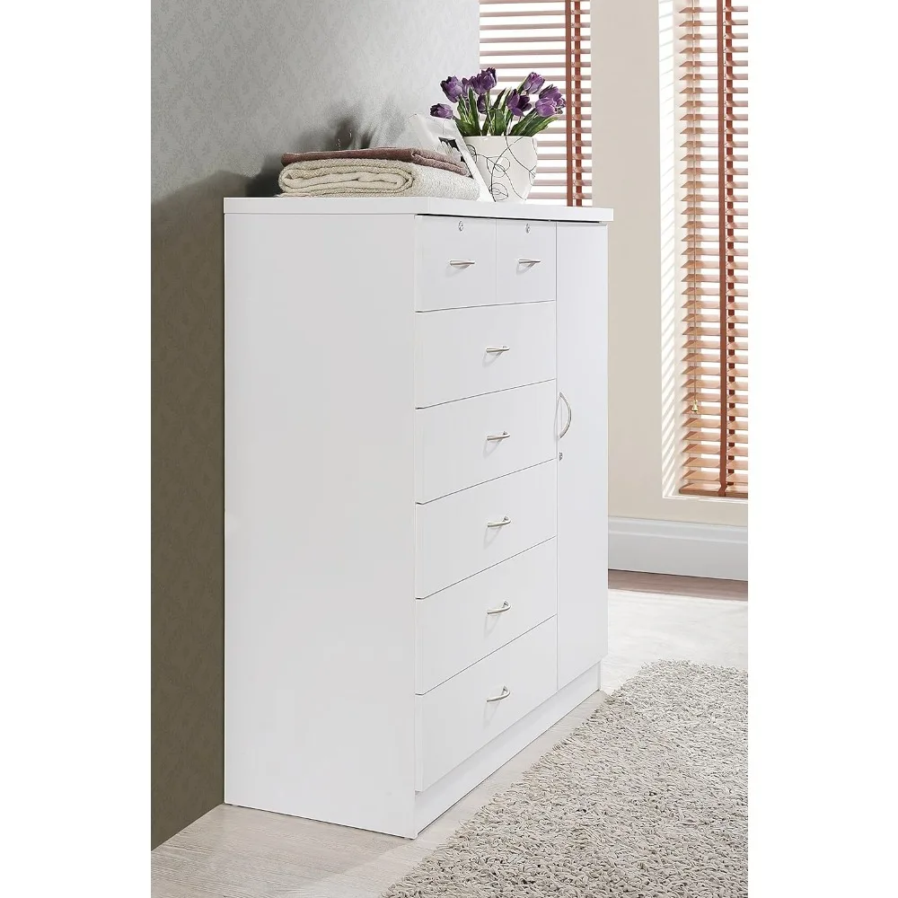 7 Drawer Jumbo Chest, Five Large Drawers, Two Smaller Drawers with Two Lock, Hanging Rod, and Three Shelves | White