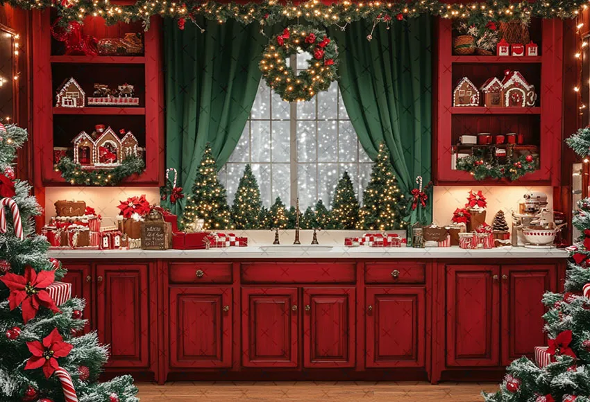 Mehofond التصوير خلفية الشتاء عيد الميلاد الأحمر نافذة المطبخ شجرة عيد الميلاد الاطفال الأسرة صورة ديكور خلفية استوديو الصور