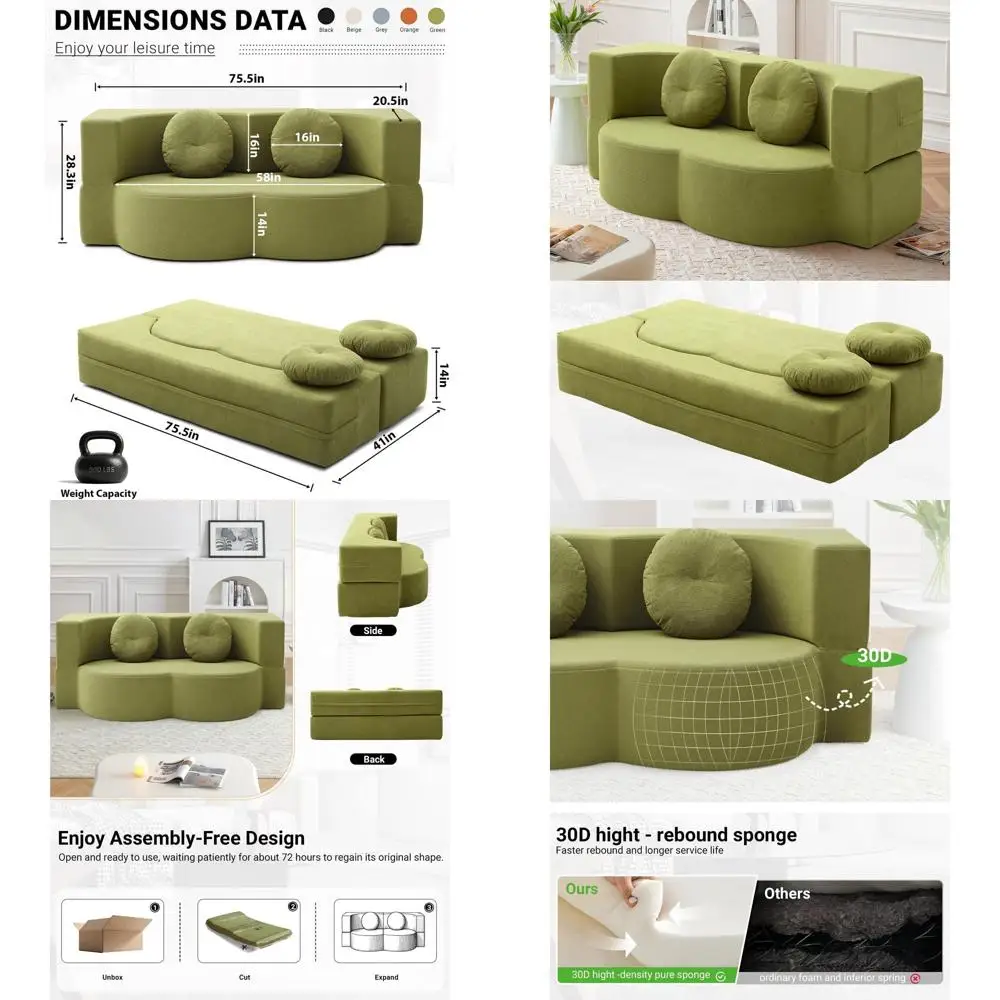 

Футон-кровать размера Twin, 76 дюймов, бескаркасный диван для гостиной, напольный диван-кровать с выдвижным спальным местом, складной 2-в-1