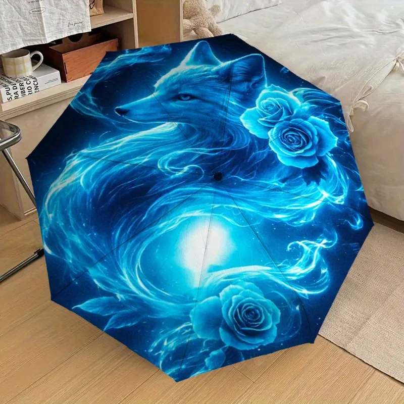 

1pc Wolf and Roses Umbrella - Automatic Open/Close Compact Travel Umbrella with Wolf howling & Blue Roses, Reinforced 8-Rib Fr