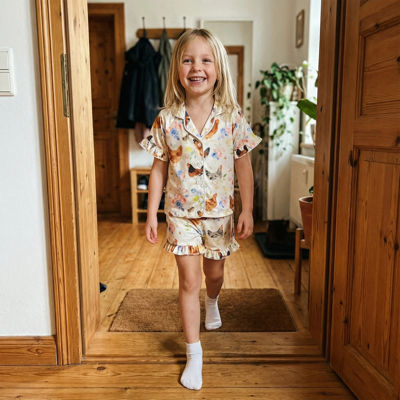 Summer Kids Girl Pajamas Set Flower Chicken Print Short Sleeve Turn Down Collar Tops Elastic Waist Pants Sleepwear