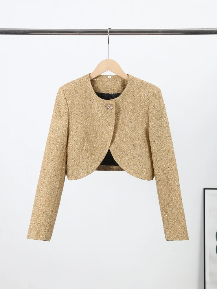 

Chic Women Cropped Spring Coat Golden Slim Long Sleeve O-neck Single Button Female Jacket 2026 Fashion Streetwear Lady Outwear
