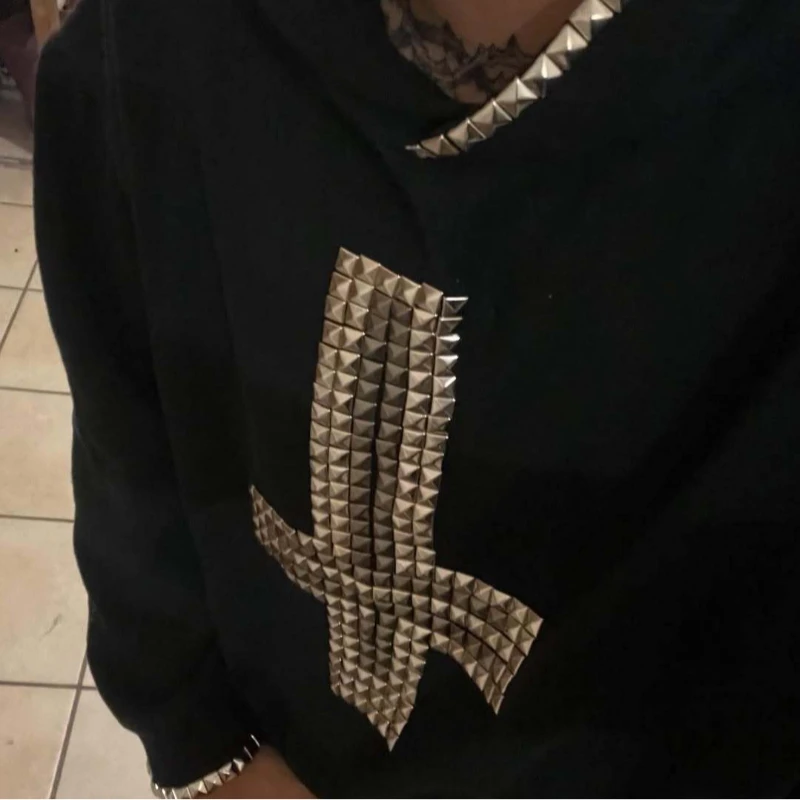Unisex autumn/winter hoodie with loose and casual style, cross metal rivet design, cardigan sweatshirt, punk rock, hip-hop, and