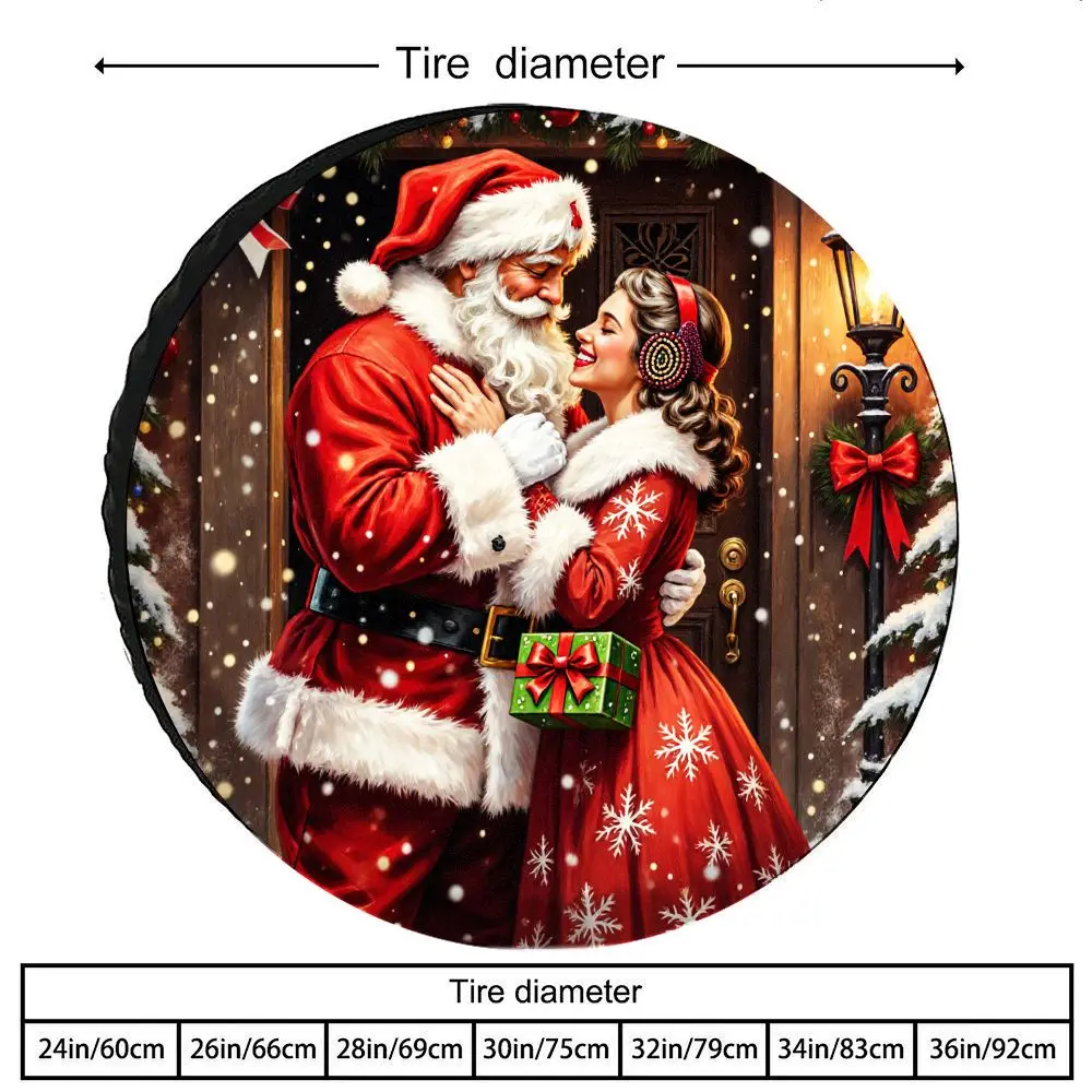 Christmas Tire Cover With Santa Hugging Woman Snowy Scene - Durable Polyester All-Weather Fit For SUVs, Cars, Trucks - Holiday D