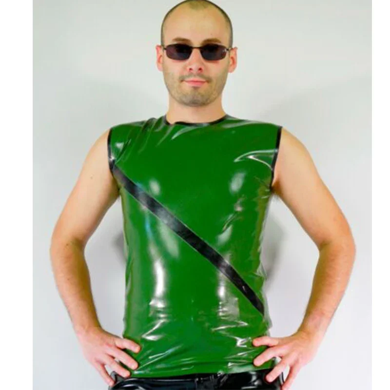 Men's 100% Handmade Latex Vest Top Sleeveless Green with Black Trims Top T-shirt  XS To XXXL