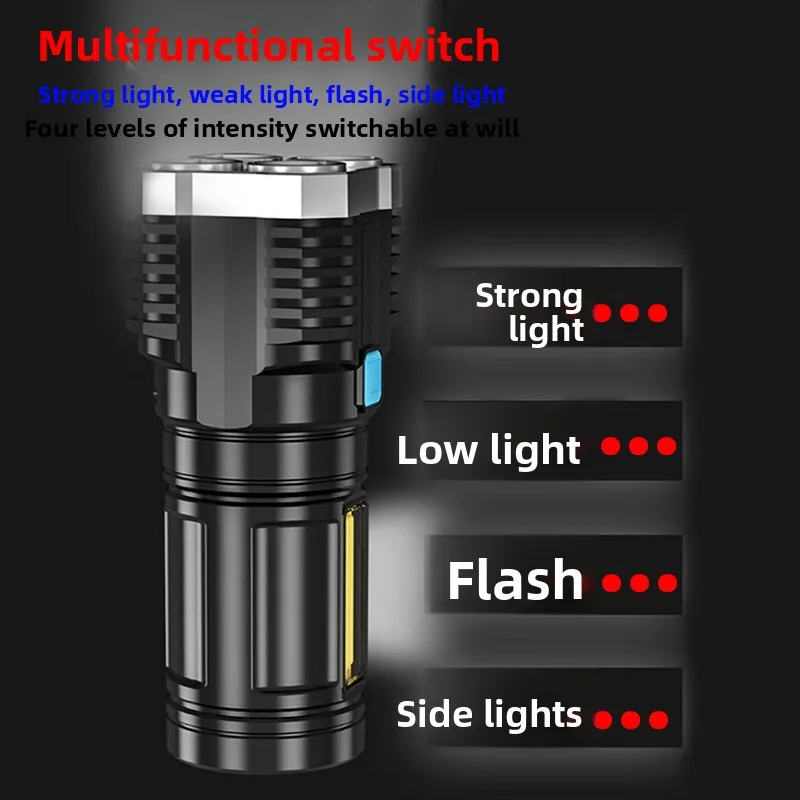 4-LED-Bead Multi-Functional High-Power Flashlight: With COB Side Light, Suitable for Outdoor & Home Use, Portable