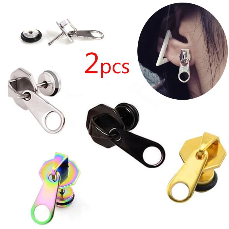 2pcs Unisex Punk Rock Surgical Stainless Steel Zipper Head Ear Studs Screw Back Earrings for Men and Women Daily Wear Jewelry