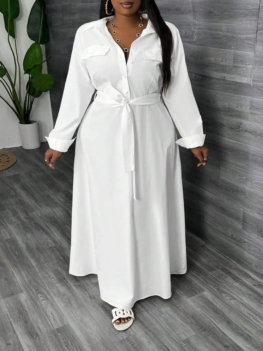 

White Long Shirt Style Maxi Dress With Waist Belt A-Line Plus Size Women Elegant Dress