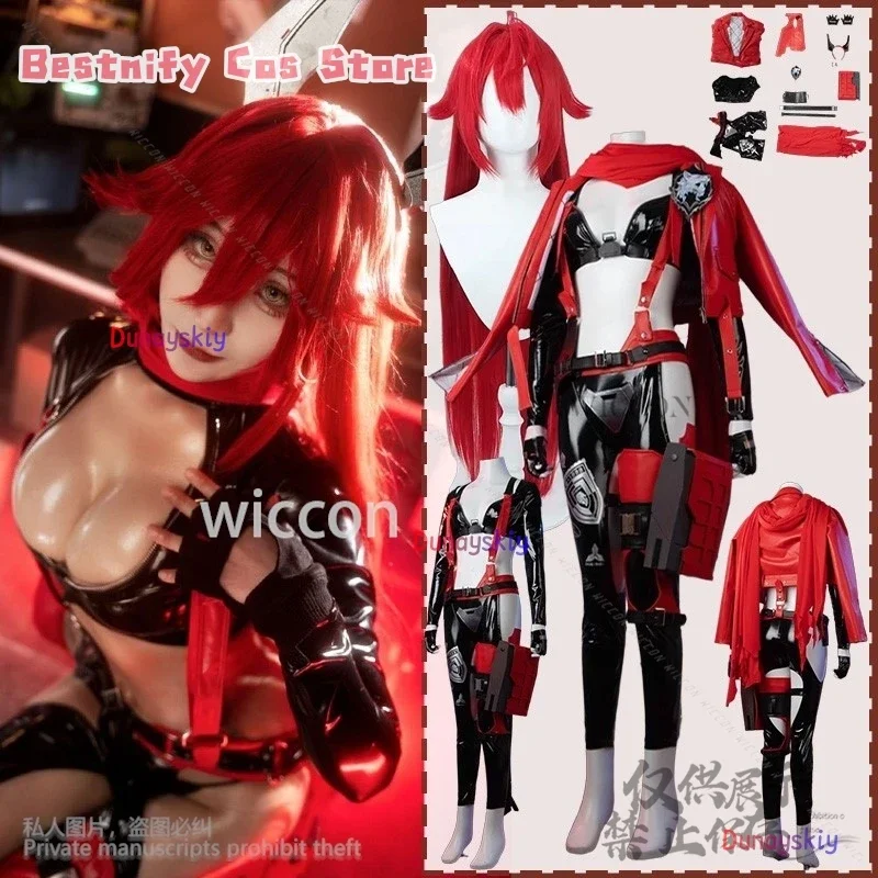 코스프레 애니메이션 게임 니케 코스프레 빨간모자 의상 섹시 PU 재킷 브라 팬츠 수트 가발 여성용 할로윈 코스프레