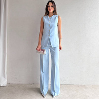 2025 New European American Style Women's Solid Color Sleeveless Round Neck Button Top and Straight Pants Casual Set