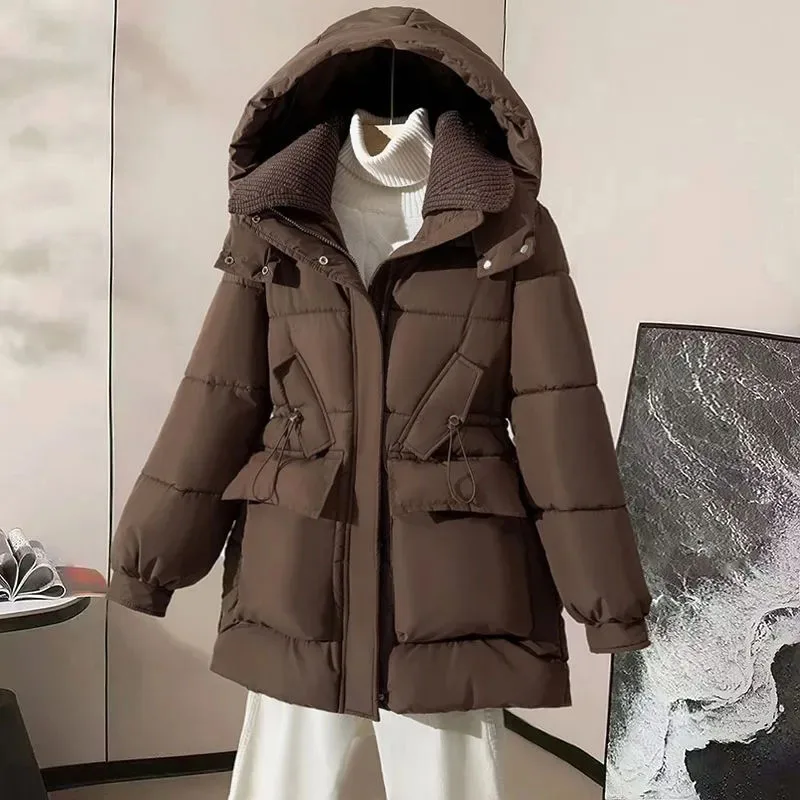 

Knitted Lapel Warm Cotton-padded Jacket 2025 New Winter Down Coat Women Parkas Long Waist Overwear Plus Size Slim Outwear Female