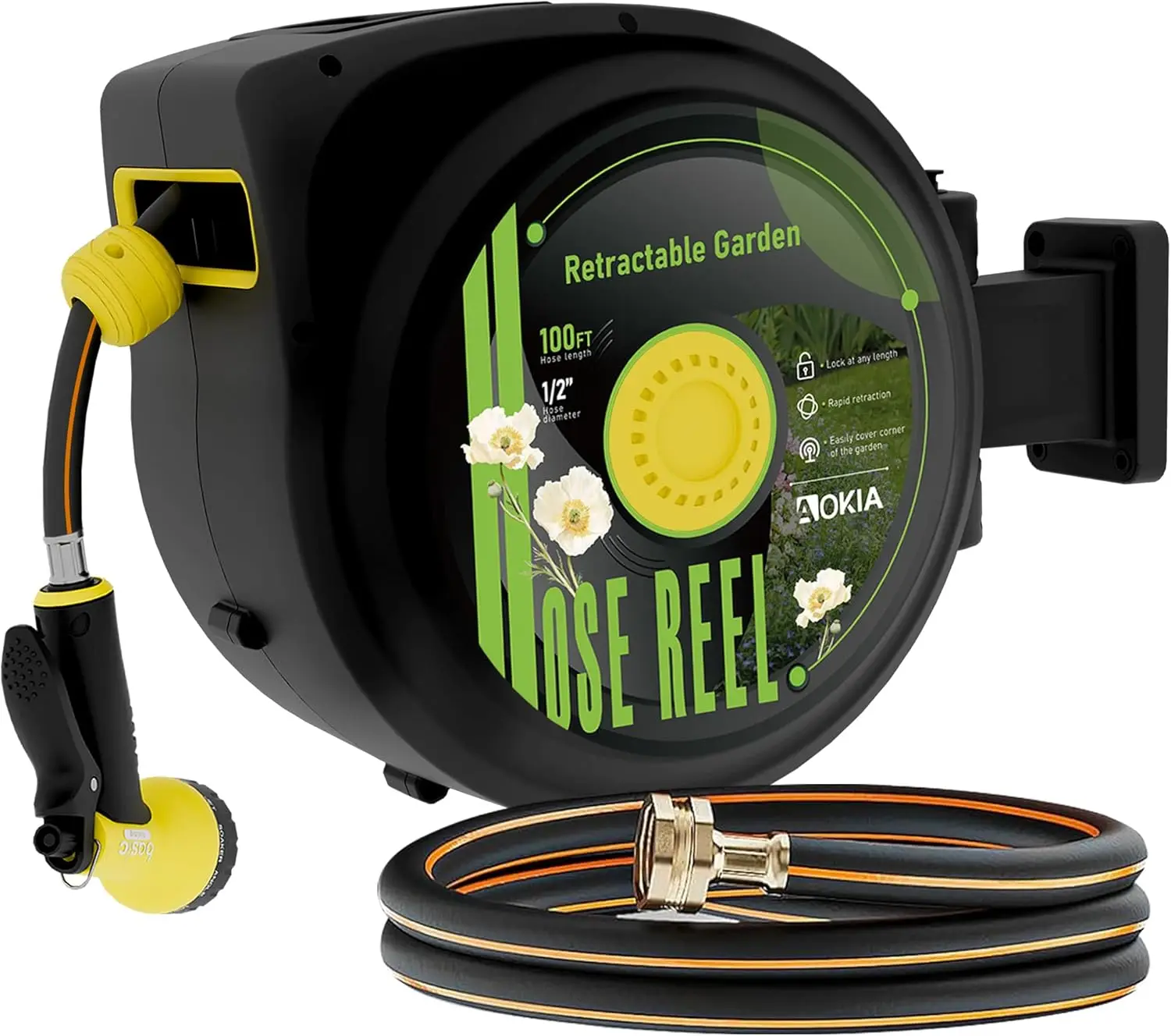 

100 ft x 1/2 inch Garden Hose with Auto Return System, Retractable Water Hose with 180°Swivel Wall Mounted Bracket, 9 Pattern